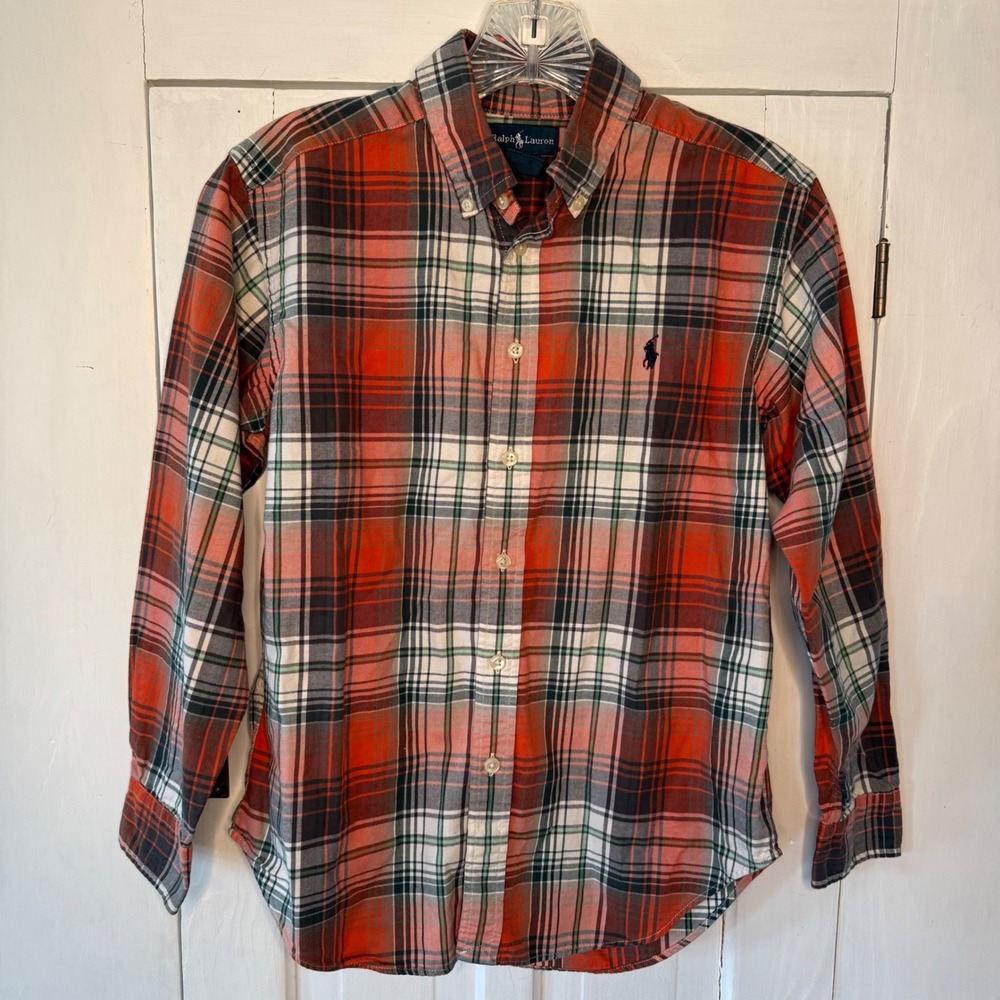 Polo Ralph Lauren Boys Medium Orange White Black Plaid Button Down Shirt Cotton